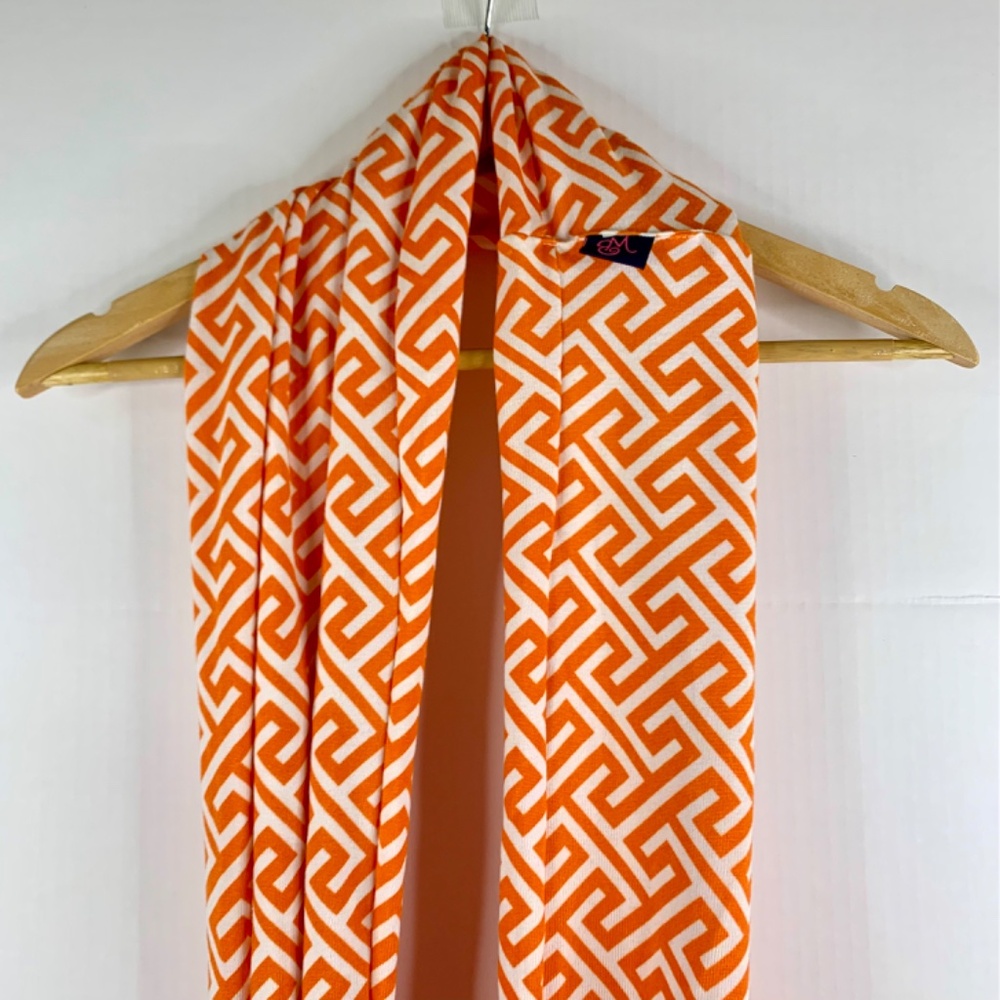 Women’s WB, Orange/White geometric Greek key boho super soft Infinity scarf - Picture 3 of 7